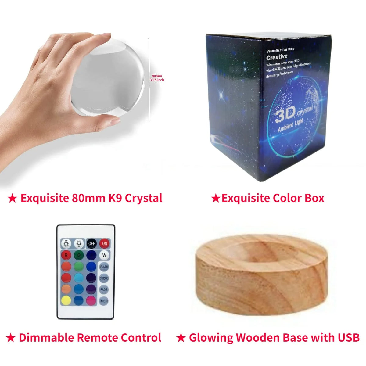 Crystal Night Light 3D Engraved Wooden LED Base