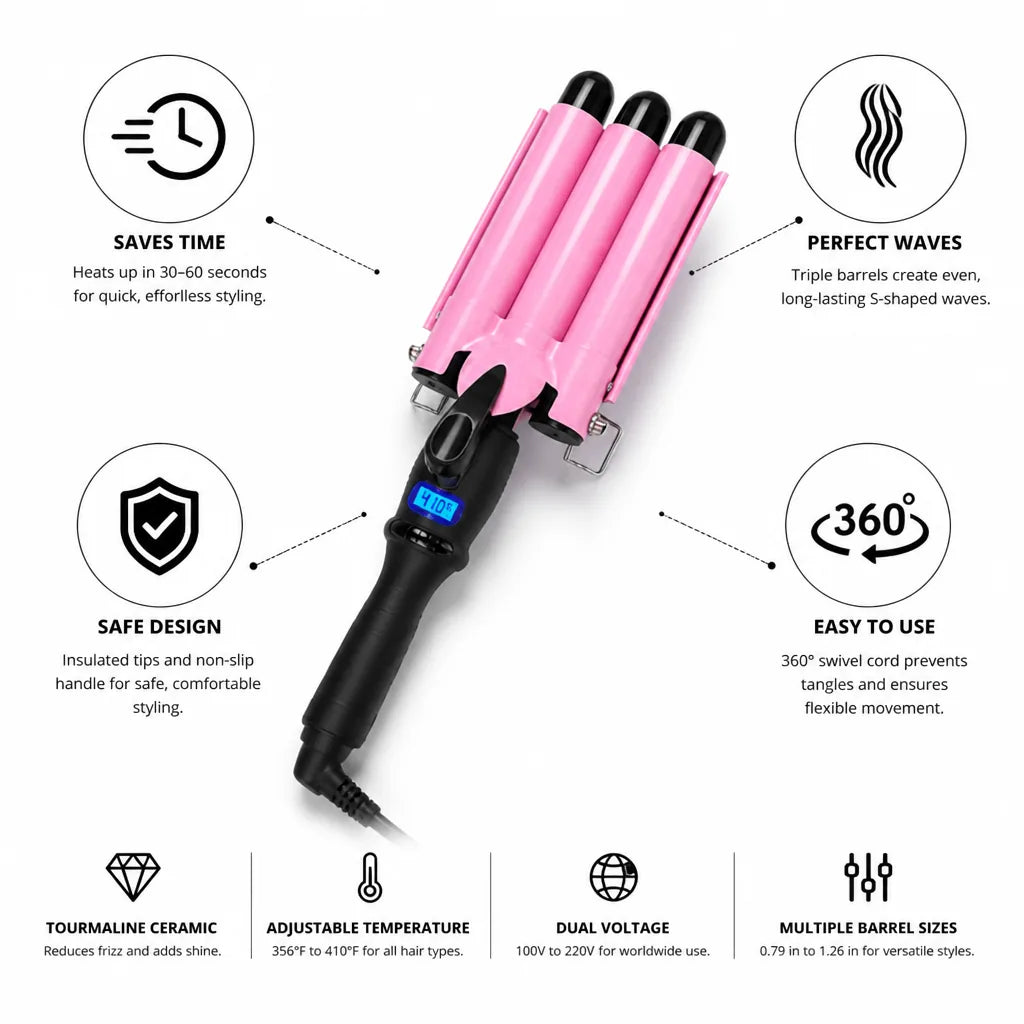 Curling Iron Triple Barrel Tourmaline Ceramic 360° Swivel Cord