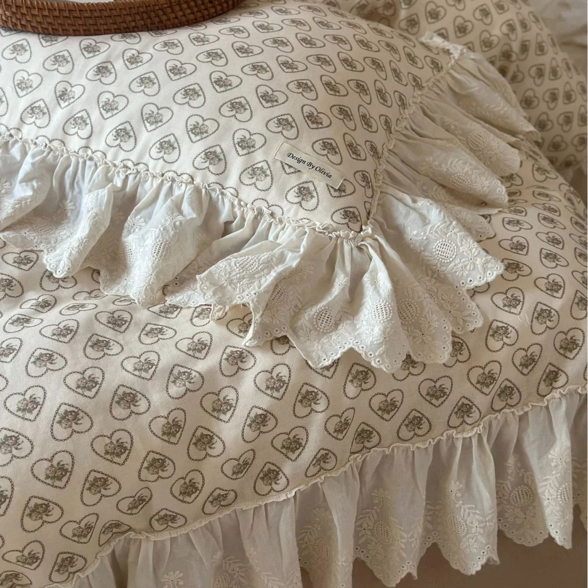 Cushion Cover Lace Ruffle & Heart Rose Print Cotton-Blend