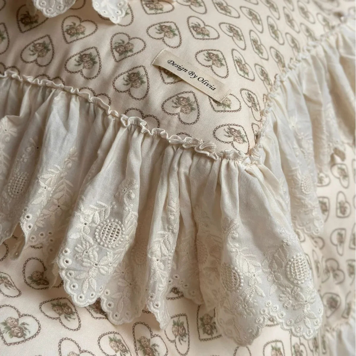 Cushion Cover Lace Ruffle & Heart Rose Print Cotton-Blend