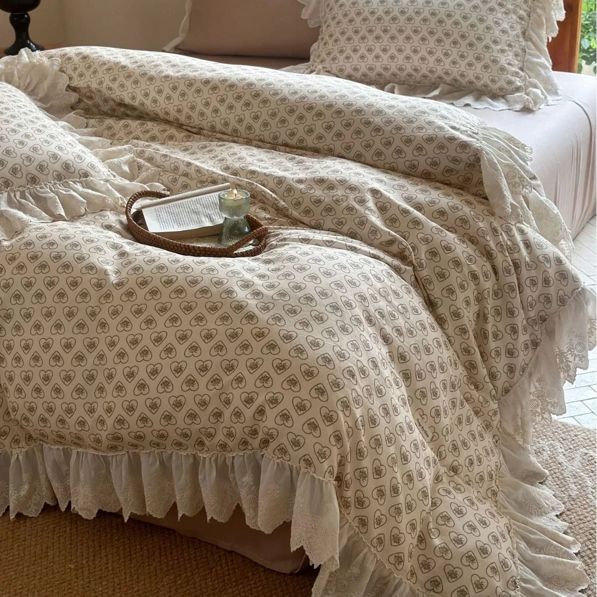 Cushion Cover Lace Ruffle & Heart Rose Print Cotton-Blend