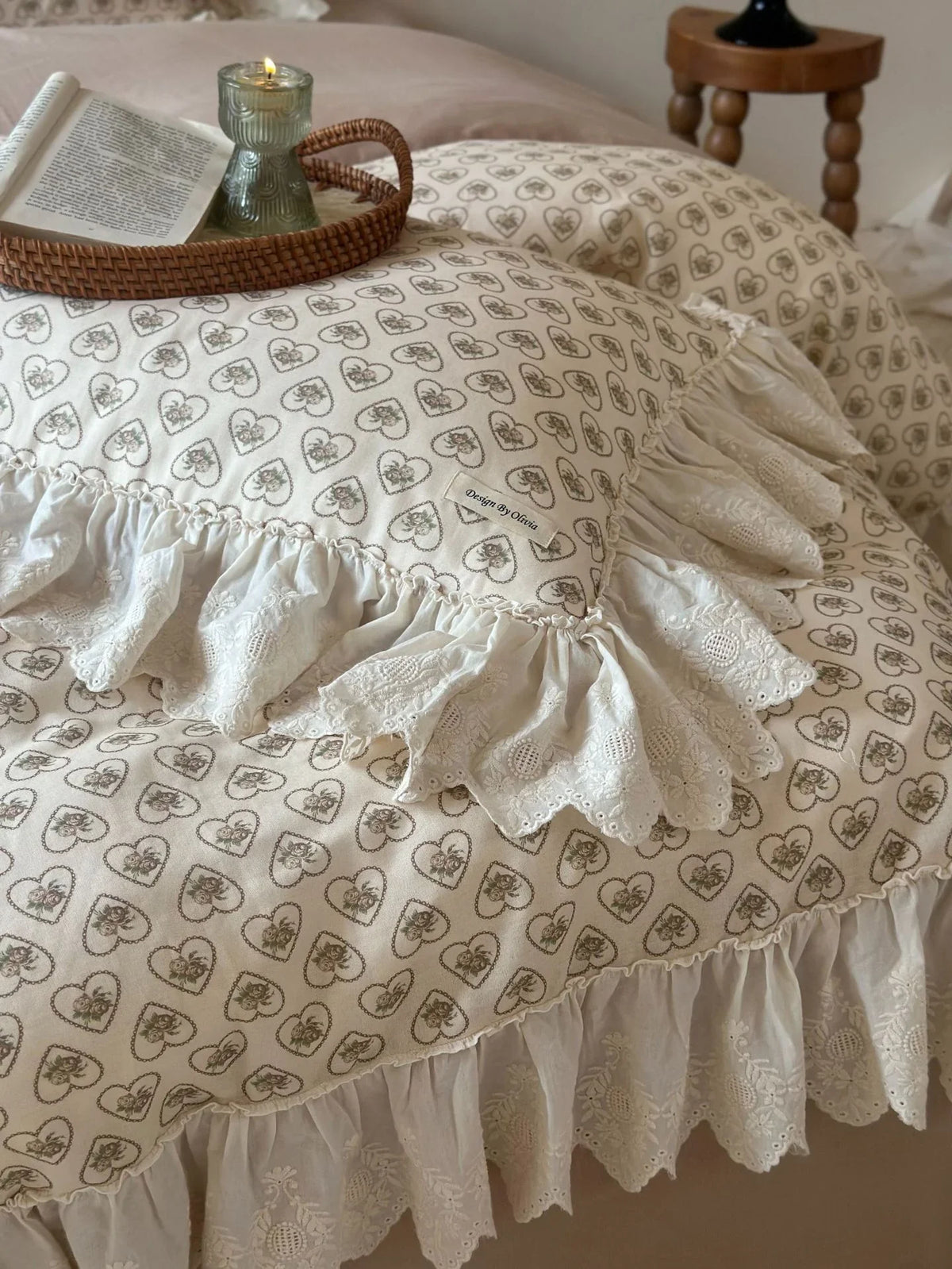 Cushion Cover Lace Ruffle & Heart Rose Print Cotton-Blend