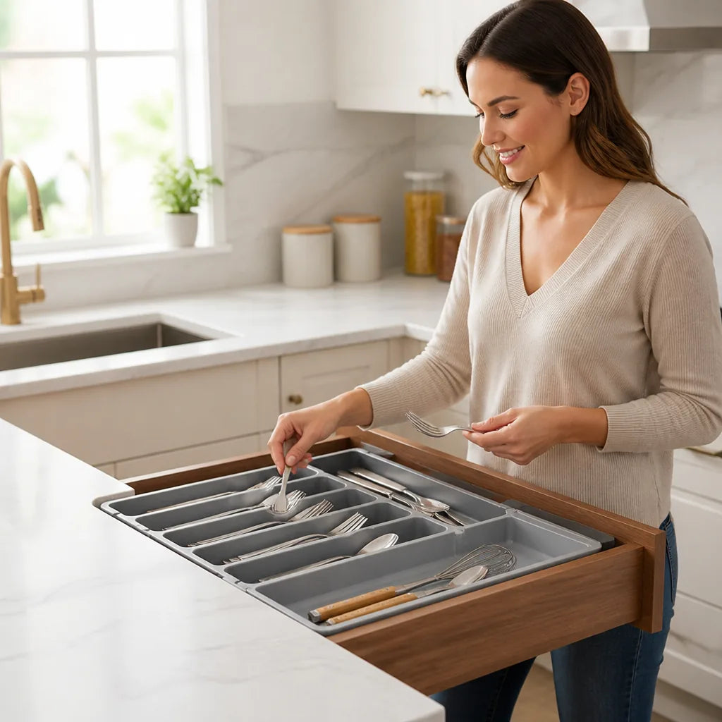 Cutlery Drawer Organizer Adjustable Width Non-Slip & Easy-Clean