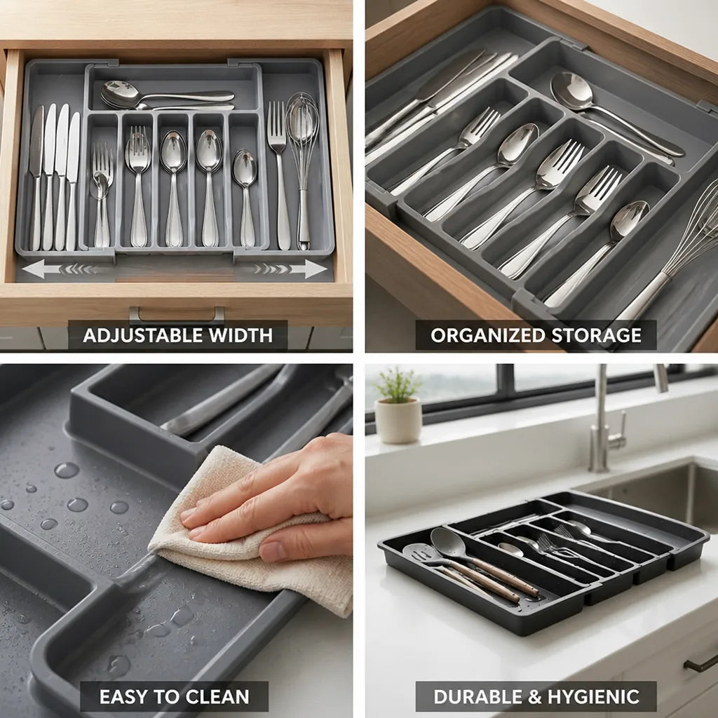 Cutlery Drawer Organizer Adjustable Width Non-Slip & Easy-Clean