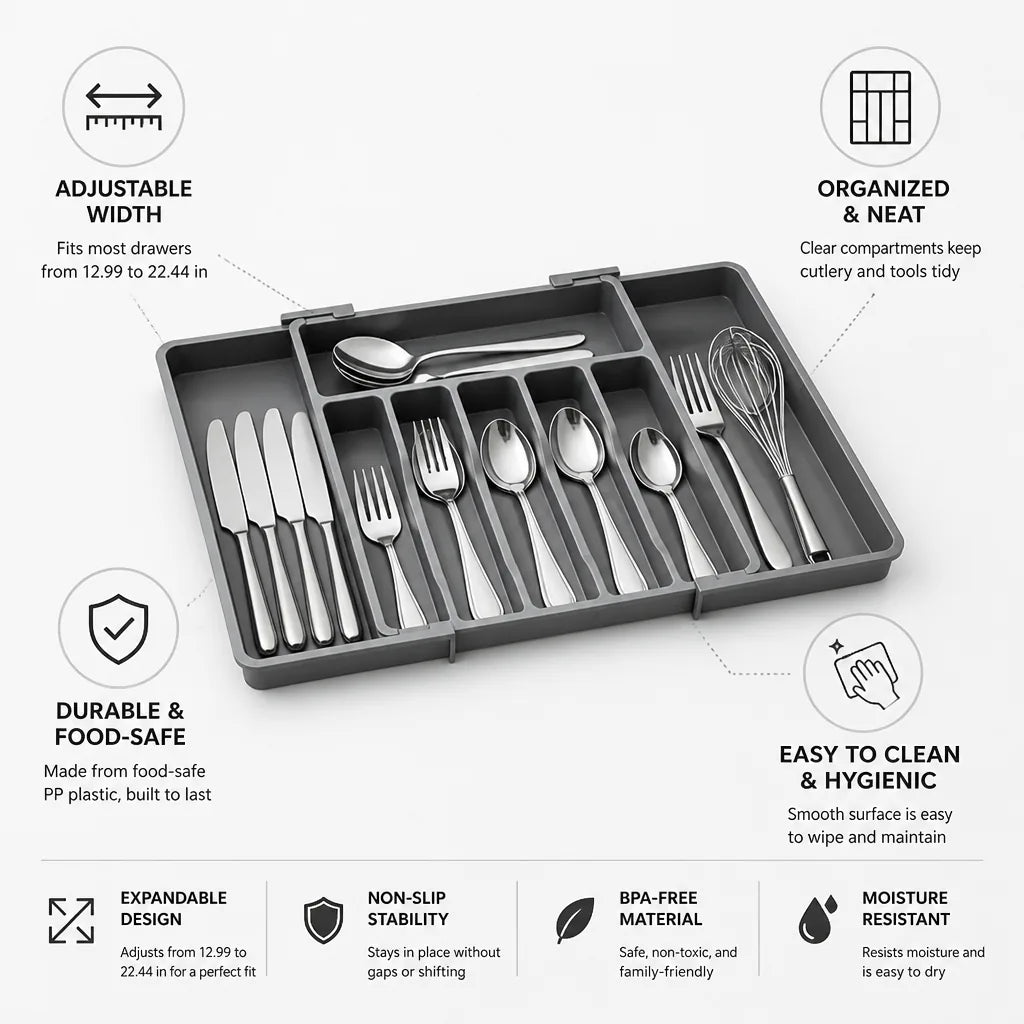 Cutlery Drawer Organizer Adjustable Width Non-Slip & Easy-Clean