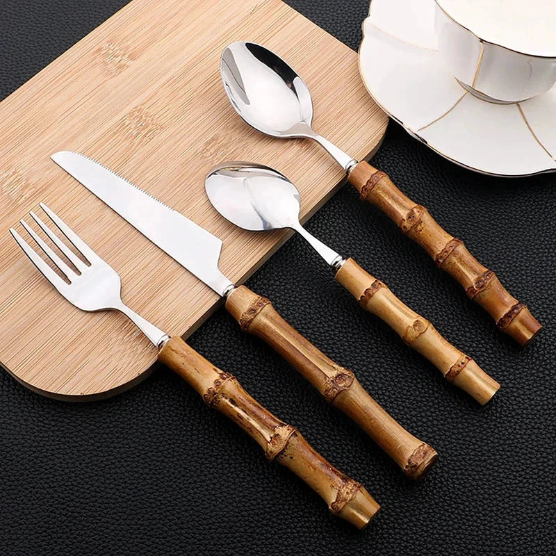 Cutlery Set Stainless Steel Bamboo-Style Handles Dishwasher-Safe 24-Piece