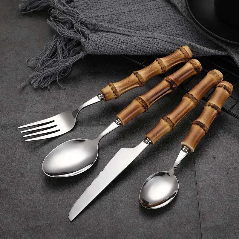 Cutlery Set Stainless Steel Bamboo-Style Handles Dishwasher-Safe 24-Piece