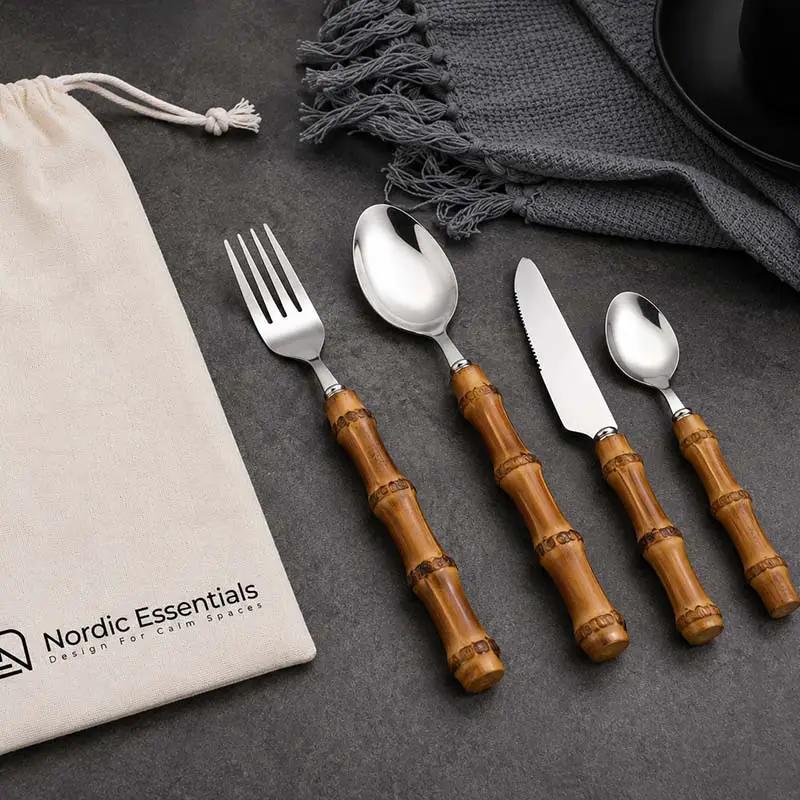 Cutlery Set Stainless Steel Bamboo-Style Handles Dishwasher-Safe 24-Piece
