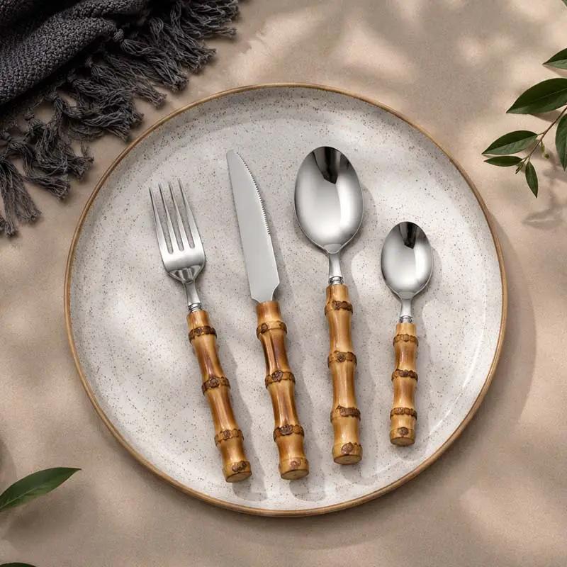Cutlery Set Stainless Steel Bamboo-Style Handles Dishwasher-Safe 24-Piece