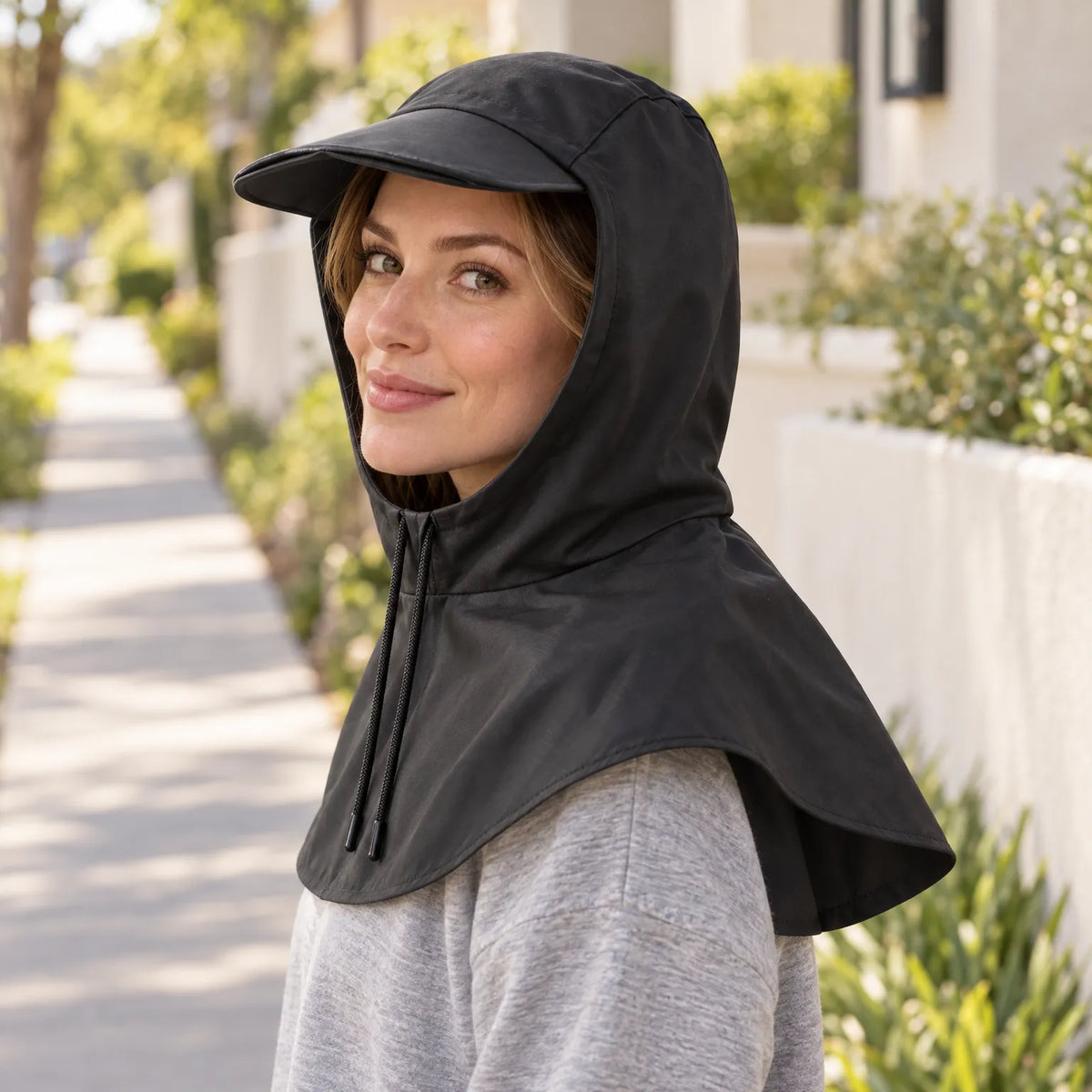 Cycling Rain Cape Helmet-Compatible Hood With Visor