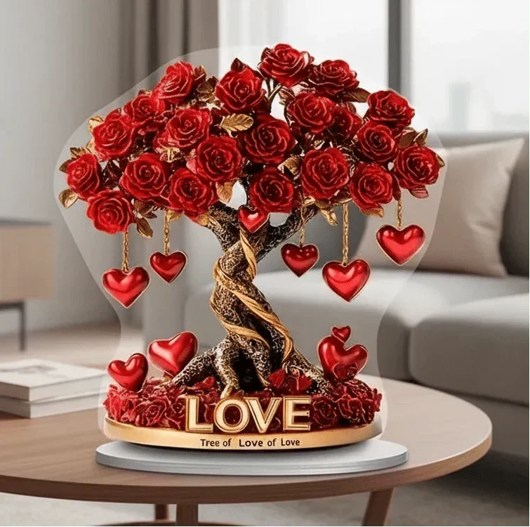 Decorative Ornament Acrylic Heart-Shaped Rose Tree Gold-Look Base