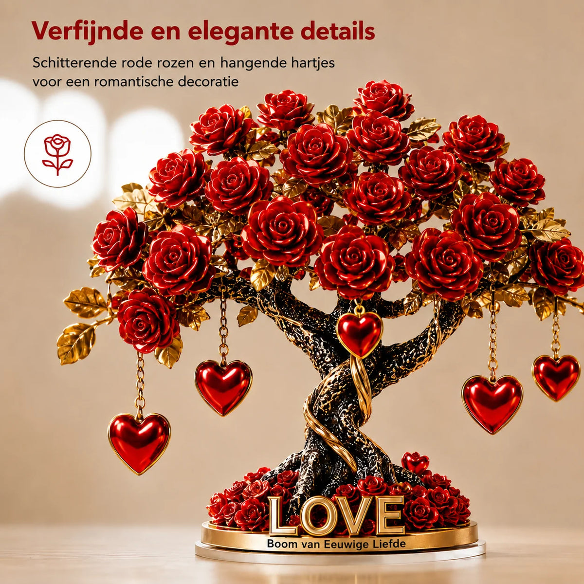 Decorative Ornament Acrylic Heart-Shaped Rose Tree Gold-Look Base