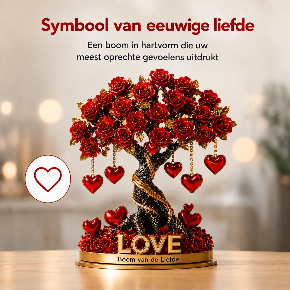 Decorative Ornament Acrylic Heart-Shaped Rose Tree Gold-Look Base