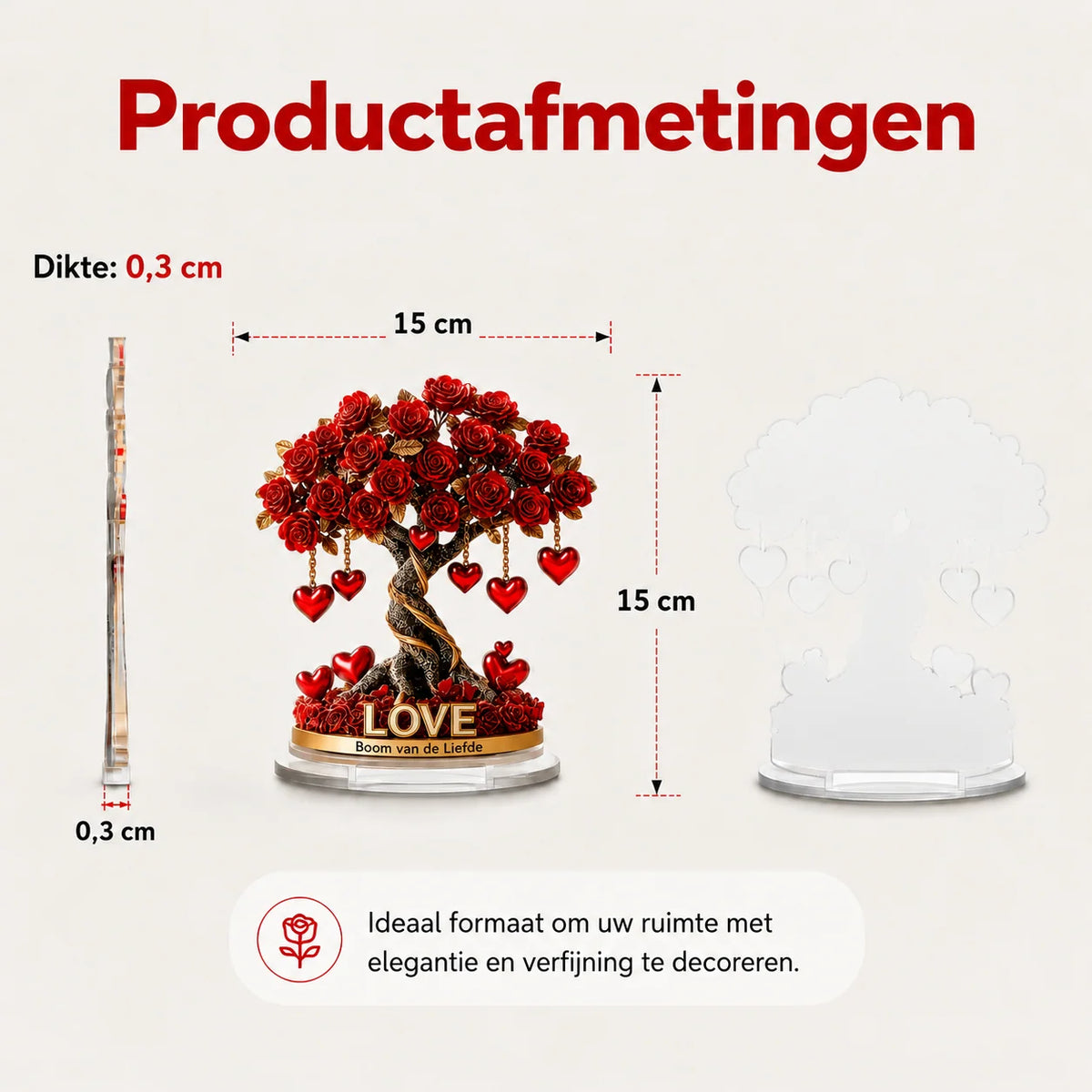 Decorative Ornament Acrylic Heart-Shaped Rose Tree Gold-Look Base