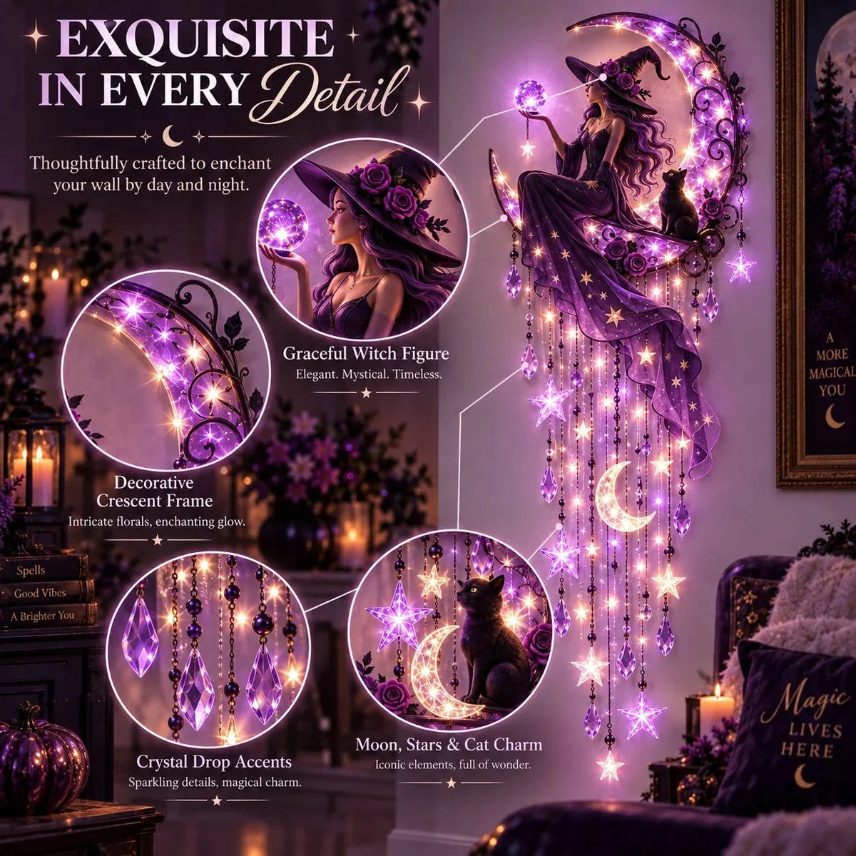 Decorative Wall Light Purple Starfall Witch Crescent Moon