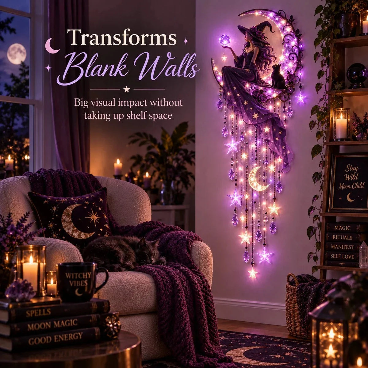 Decorative Wall Light Purple Starfall Witch Crescent Moon