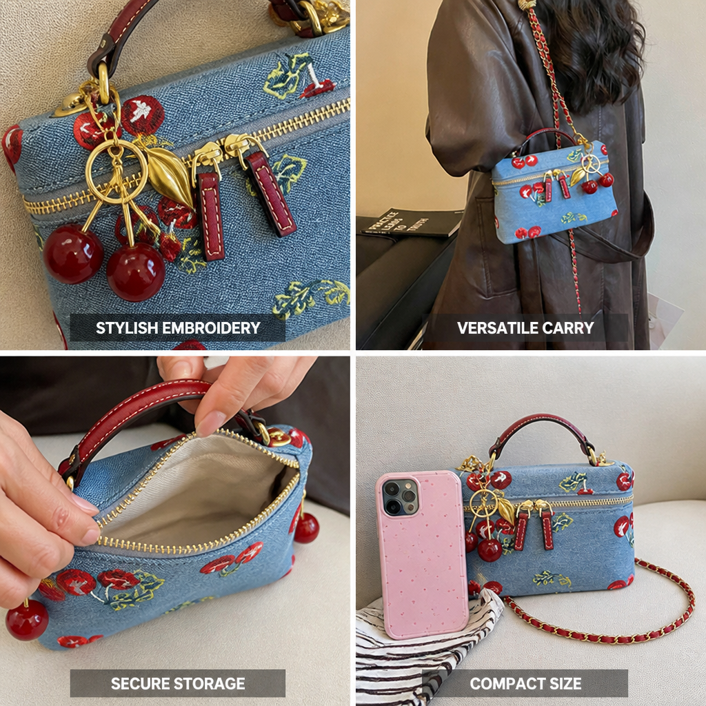 Denim Cherry-Embroidered Crossbody Bag (Removable Chain Strap)
