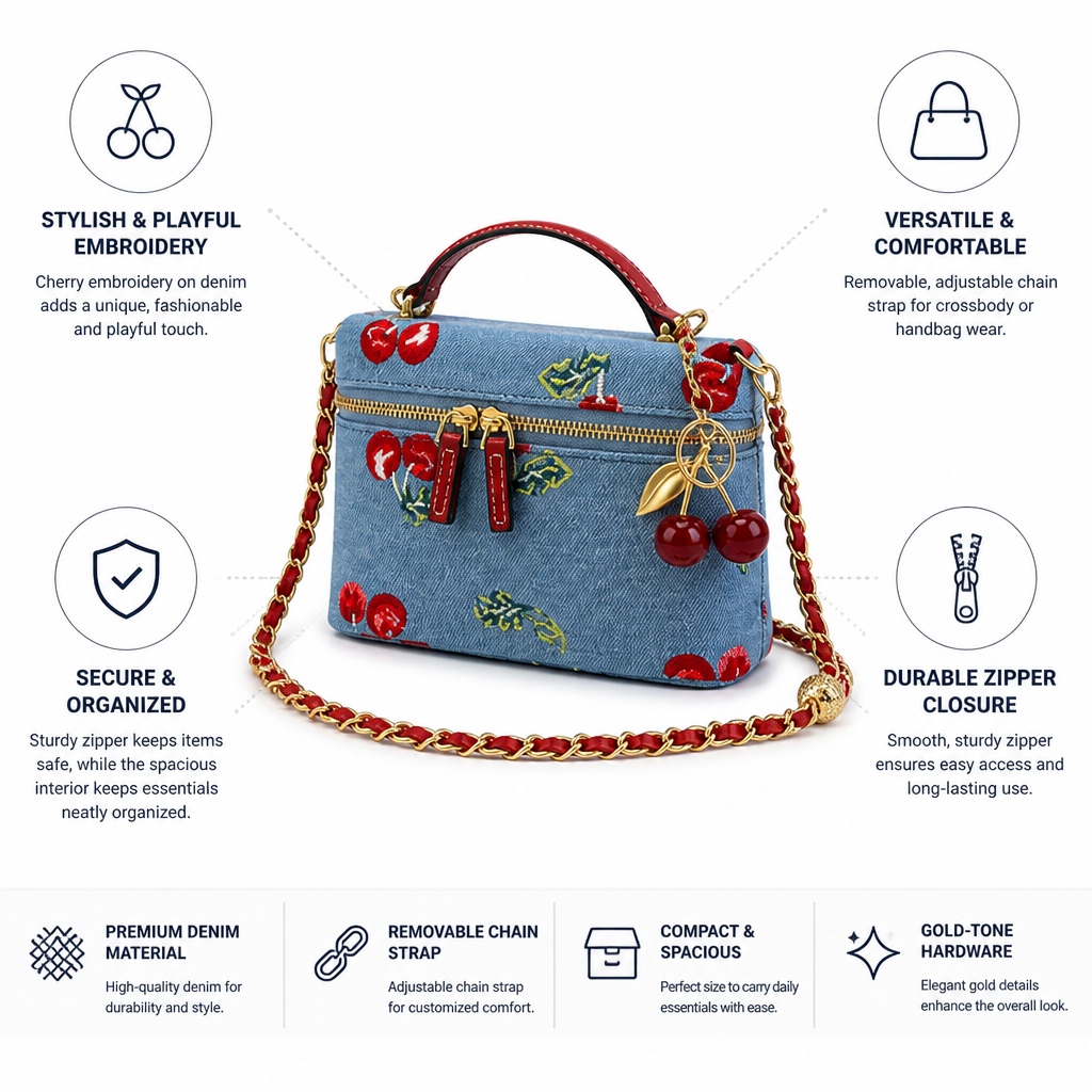 Denim Cherry-Embroidered Crossbody Bag (Removable Chain Strap)
