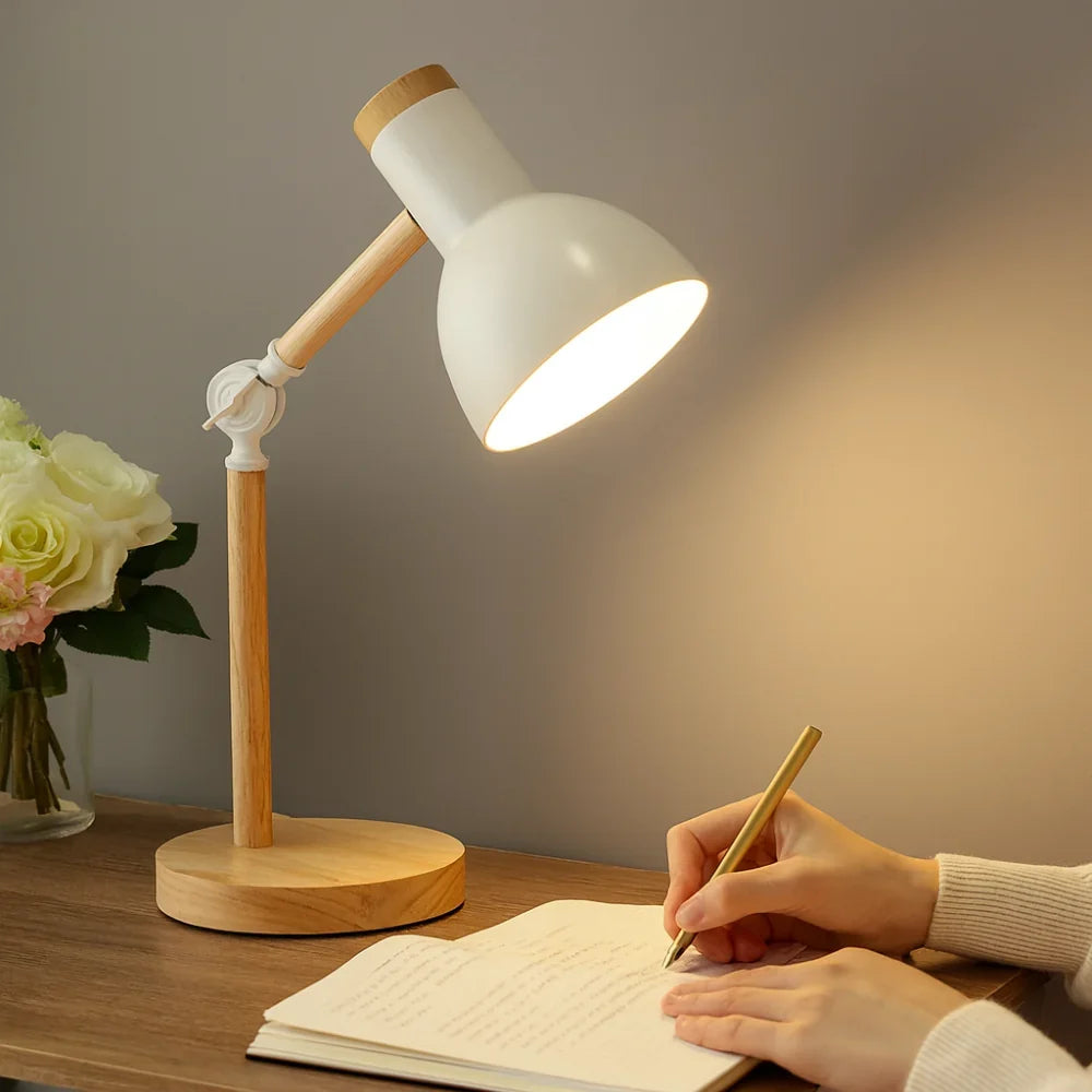 Desk Lamp Solid Wood Adjustable Arm Weighted Base