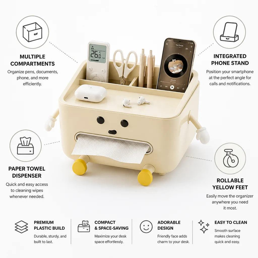 Desk Organizer 4 Compartments Paper Towel Dispenser & Phone Stand