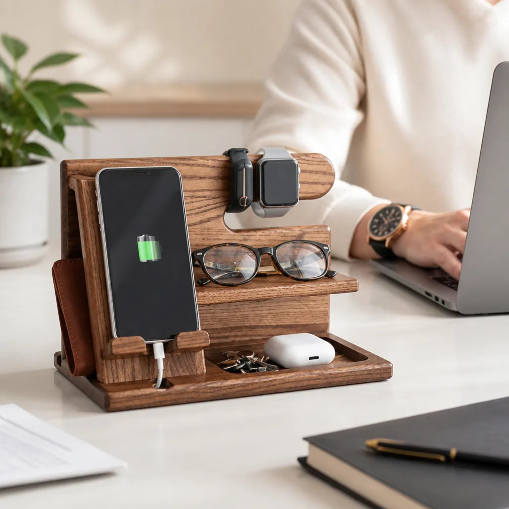 Desk Organizer Solid Walnut Phone Stand & Cable Slot