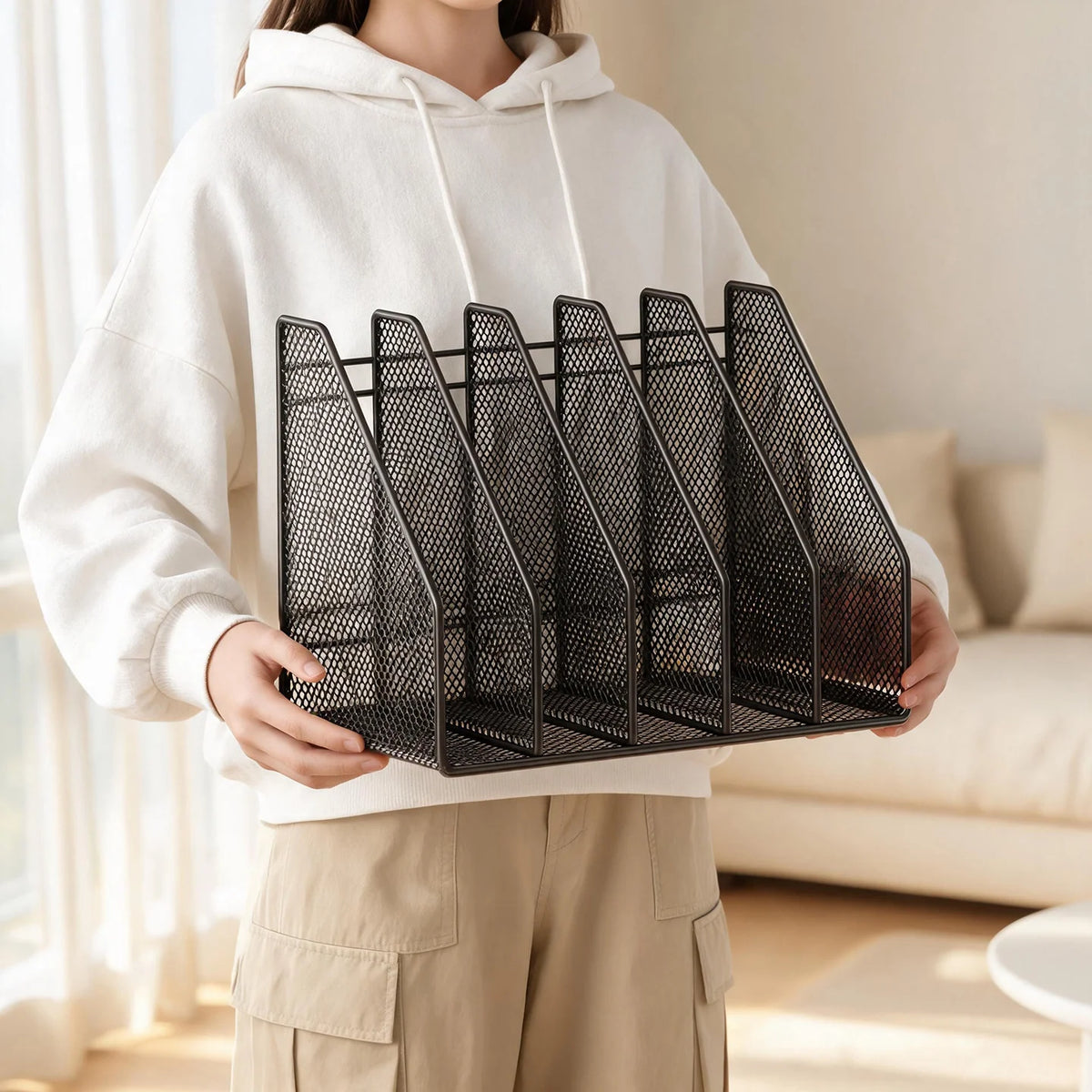 Desktop File Organizer Metal Mesh Vertical Compartments Non-Slip Base