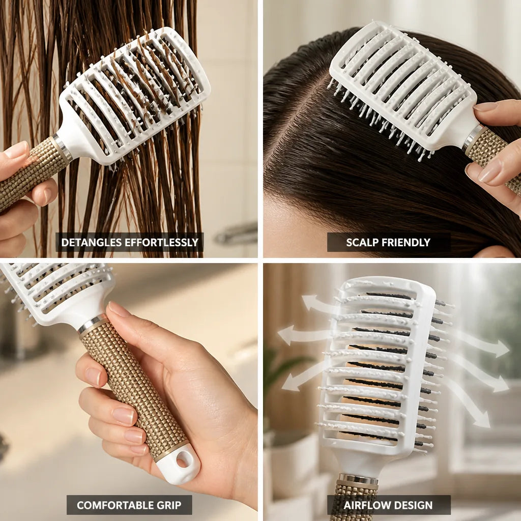 Detangling Brush Flexible Nylon & Natural Bristles Ergonomic Handle