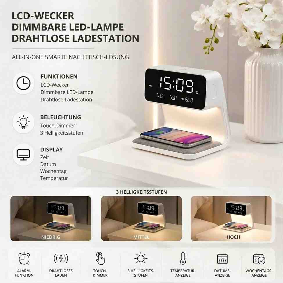 Digital Alarm Clock Wireless Charging Touch-Dimmable LED Light LCD Display