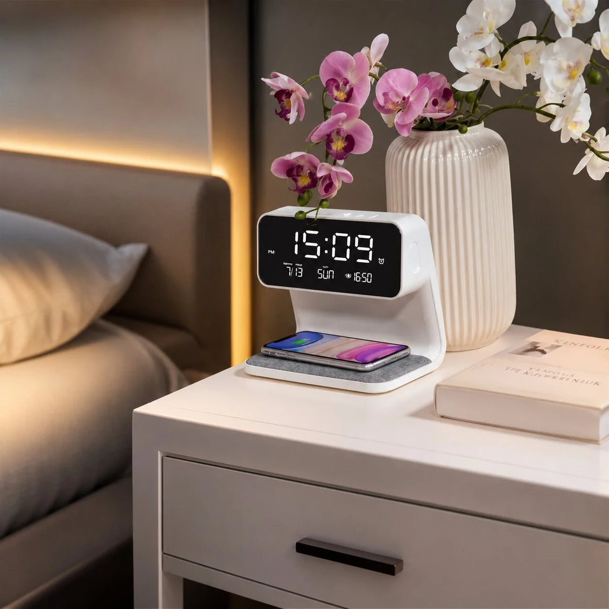 Digital Alarm Clock Wireless Charging Touch-Dimmable LED Light LCD Display