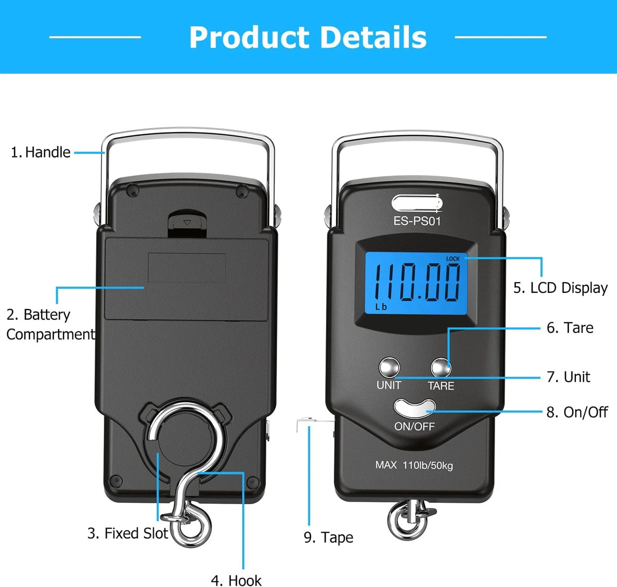 Digital Hanging Scale 110 lb Built-In Tape Measure
