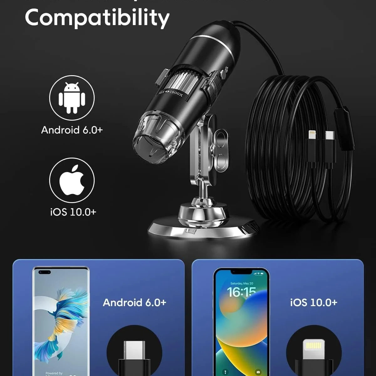 Digital Microscope 1600× Magnification USB-Powered