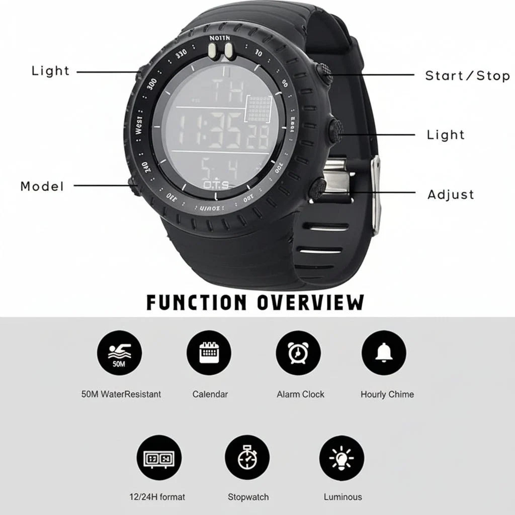 Digital Sports Watch Shock-Resistant Water-Resistant LED Backlight