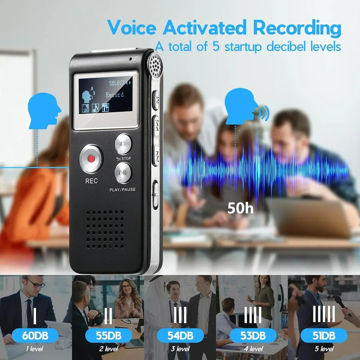 Digital Voice Recorder Voice-Activated Built-In Speaker & Headphone Jack