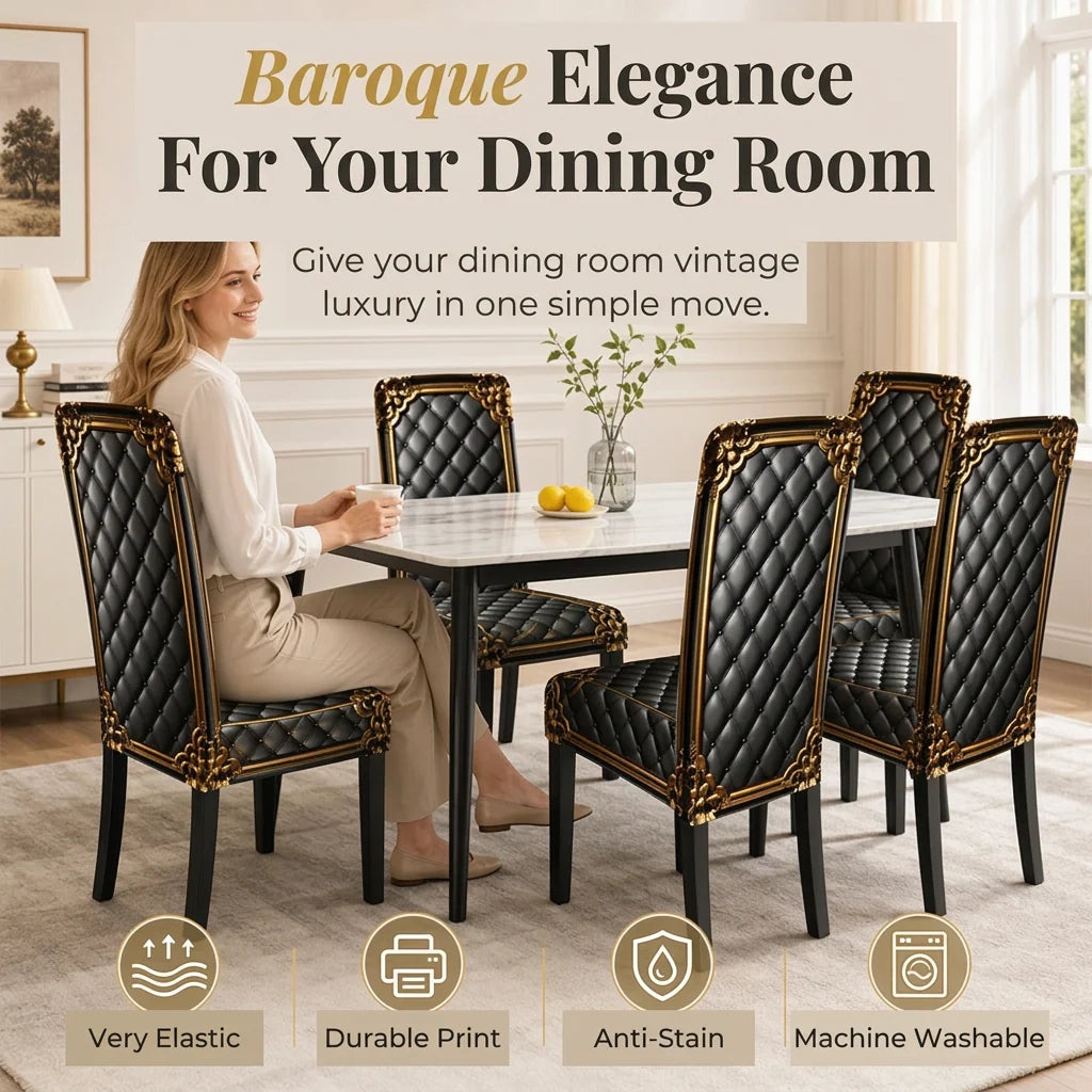 Dining Chair Covers Stretch Fit Baroque Print Machine-Washable