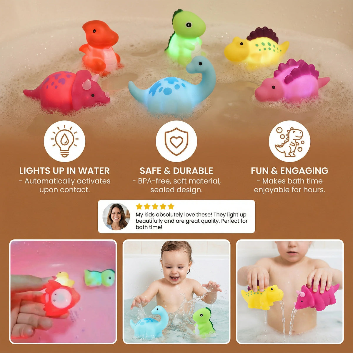 Dinosaur Bath Toy Waterproof Color-Changing LED BPA-Free