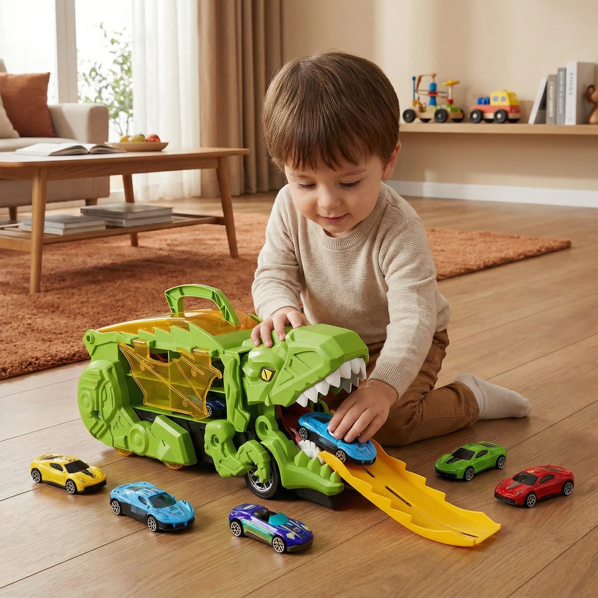 Dinosaur Truck Toy Dual-Mode LED Ramp Launcher 8 Cars