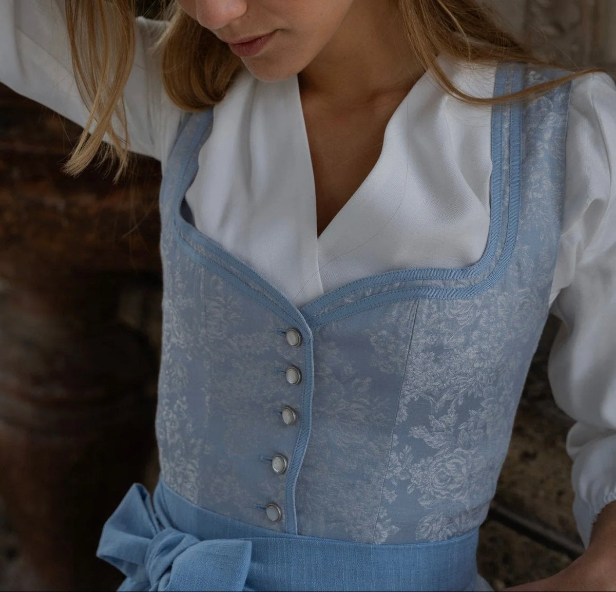 Dirndl Dress Set Floral Print Matching Tie Apron Knee-Length Skirt