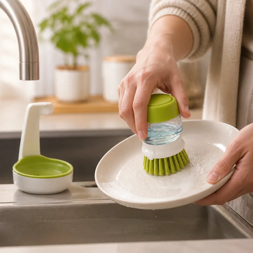 Dish Brush Built-In Soap Dispenser & Ergonomic Non-Slip Handle