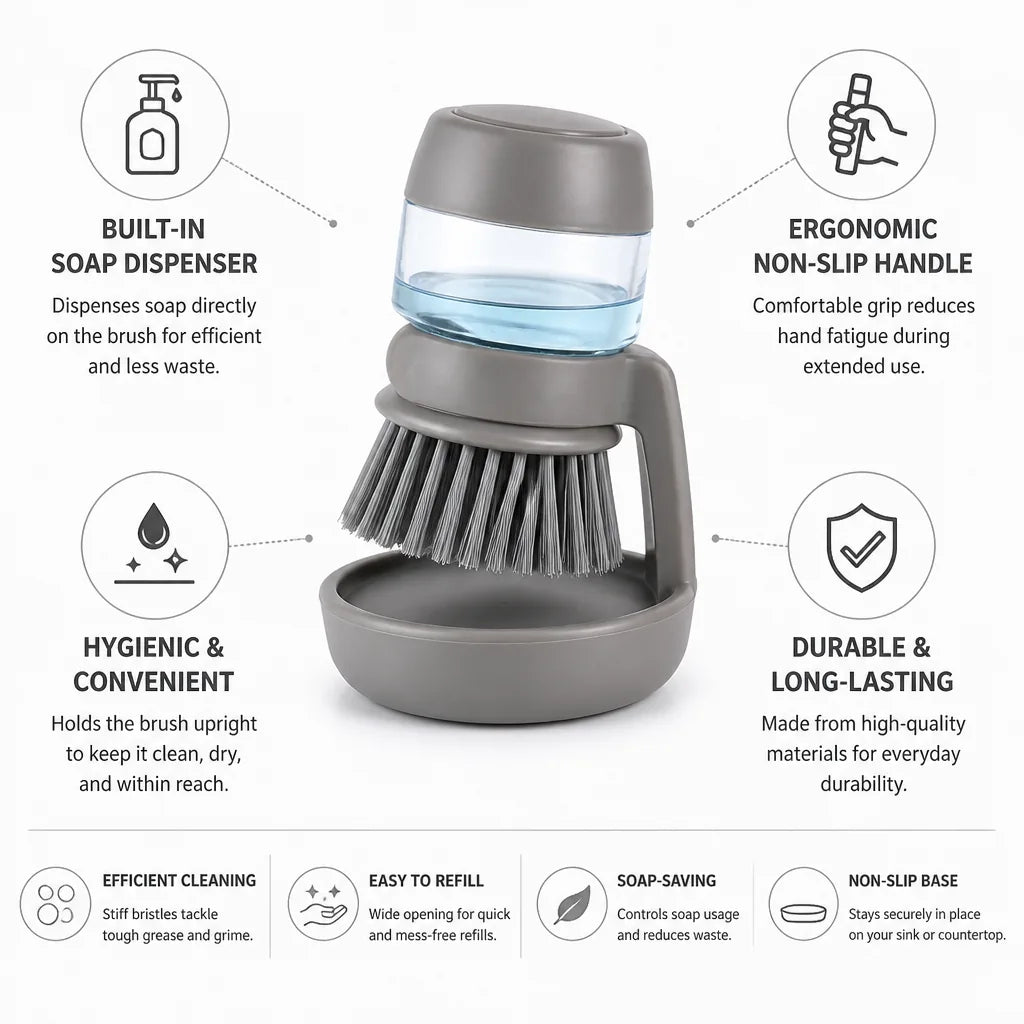 Dish Brush Built-In Soap Dispenser & Ergonomic Non-Slip Handle