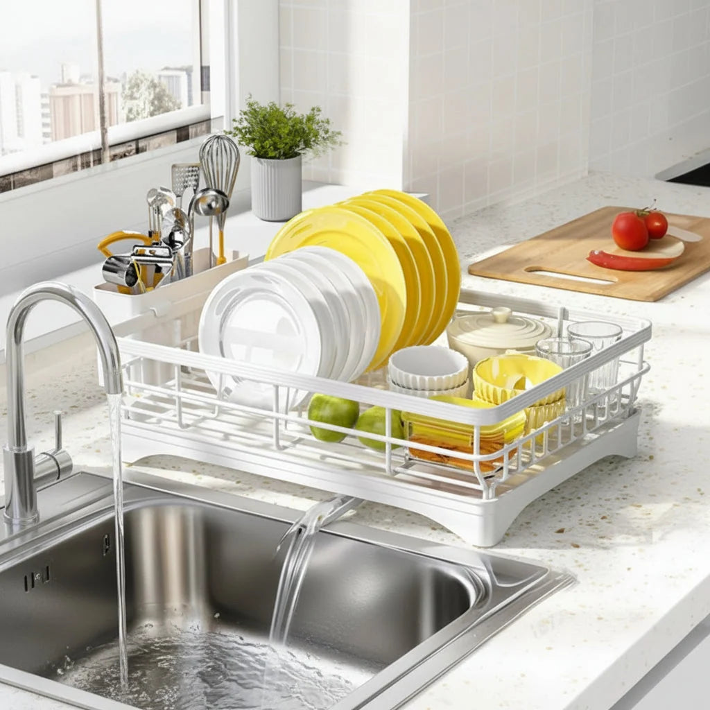 Dish Drying Rack Metal Frame Integrated Cutlery Holder Space-Saving