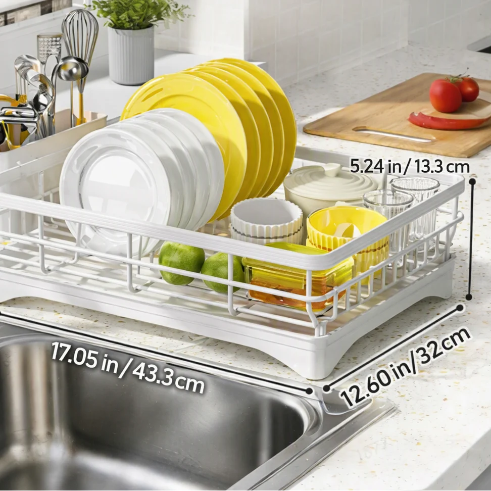 Dish Drying Rack Metal Frame Integrated Cutlery Holder Space-Saving