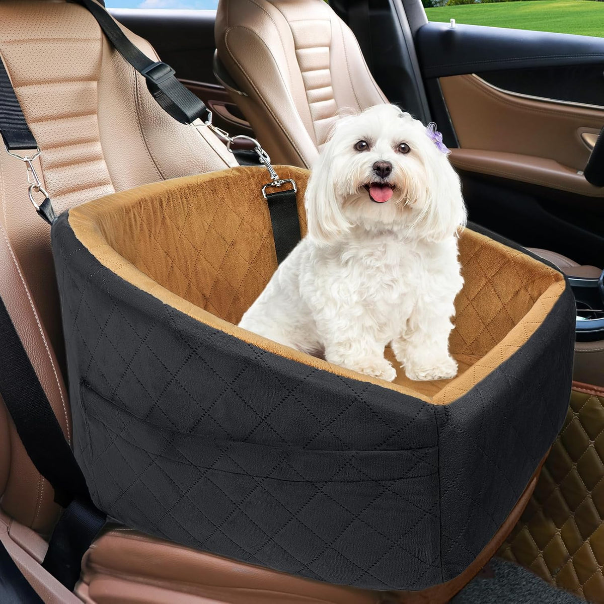 Dog Car Seat Booster & Travel Bed with Safety Belt and Storage Pockets