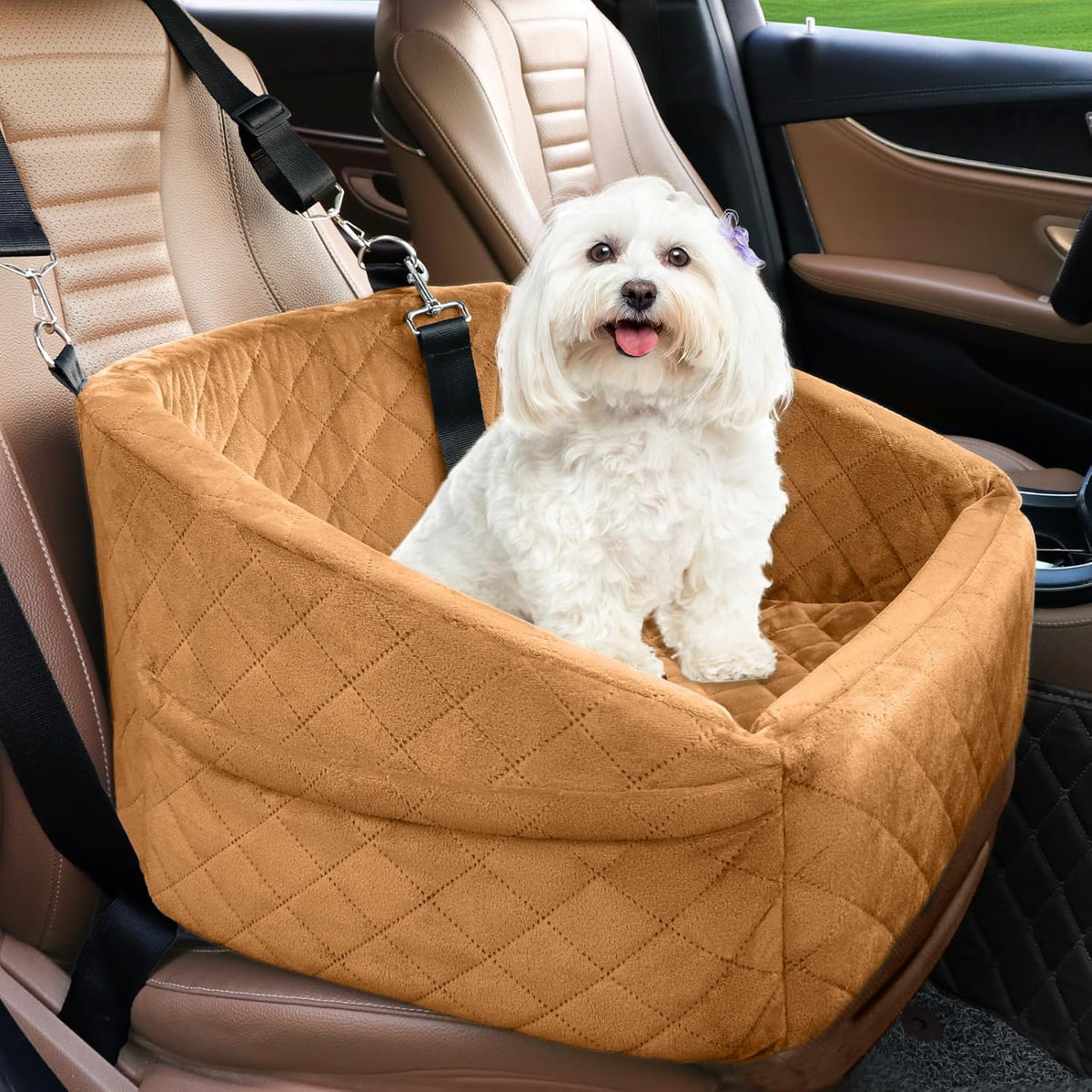 Dog Car Seat Booster & Travel Bed with Safety Belt and Storage Pockets