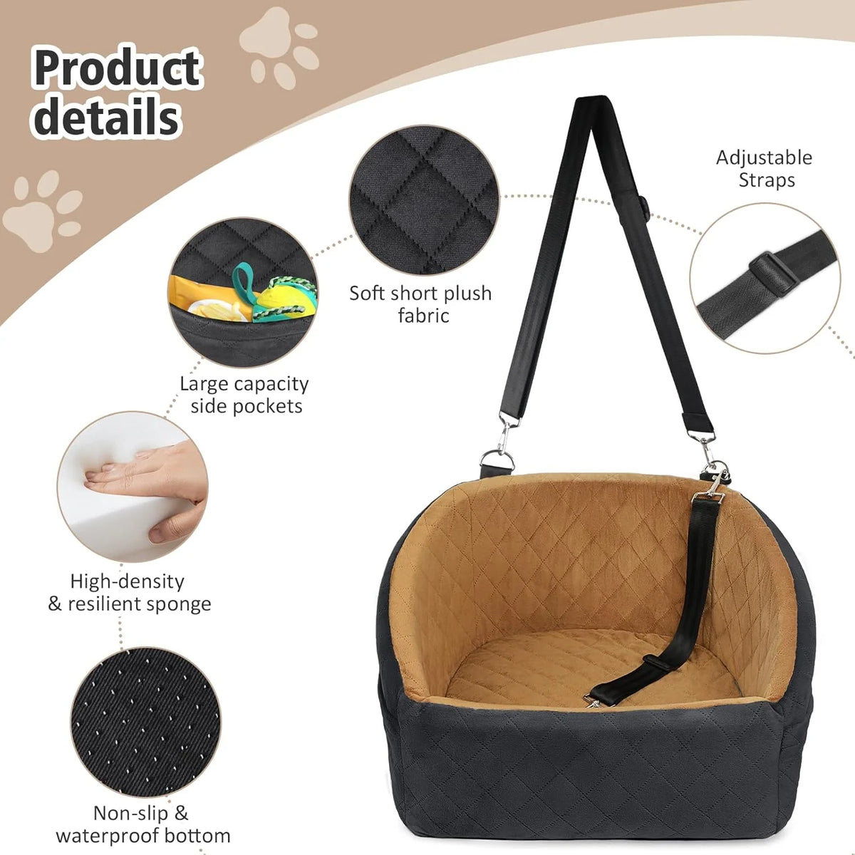 Dog Car Seat Booster & Travel Bed with Safety Belt and Storage Pockets