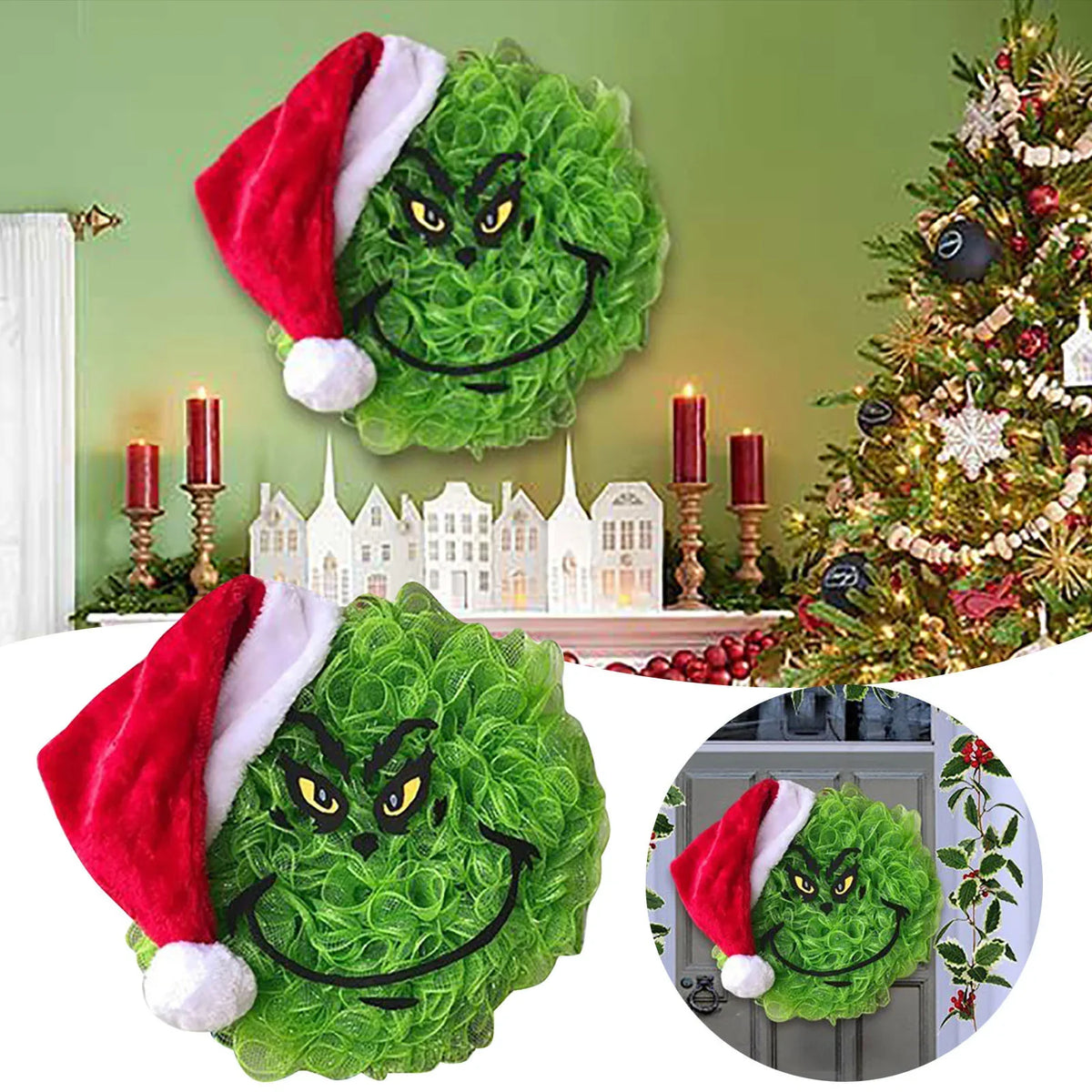 Door Wreath Grinch Face Weather-Resistant 40 Cm