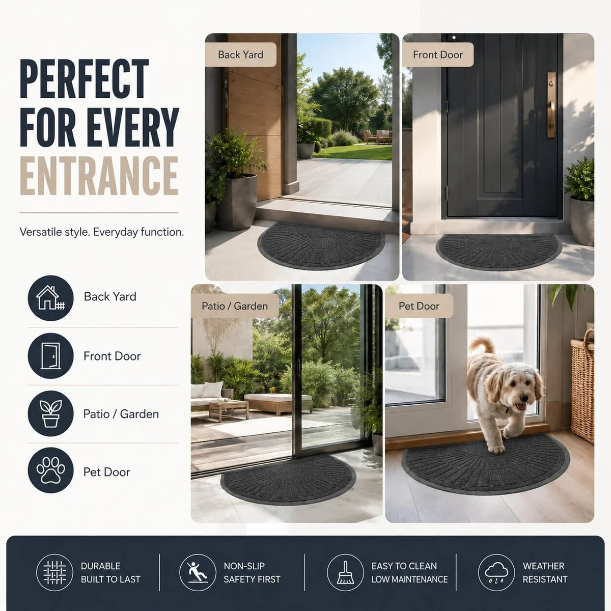 Doormat Half-Moon Textured Rubber Non-Slip Backing