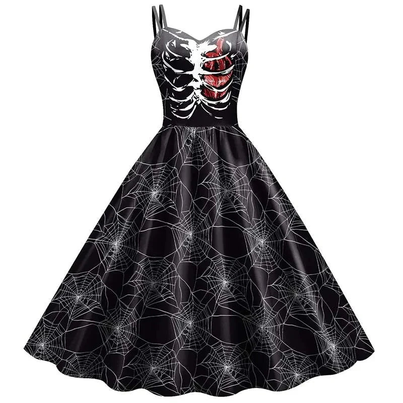 Dress Fit & Flare Strappy Skeleton Rose Print
