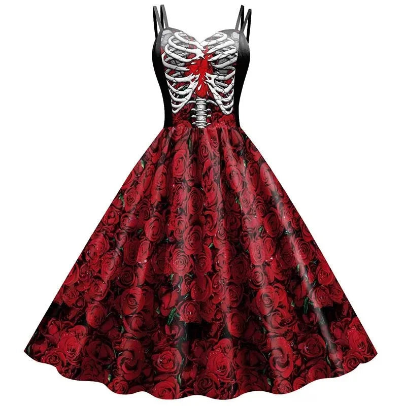 Dress Fit & Flare Strappy Skeleton Rose Print