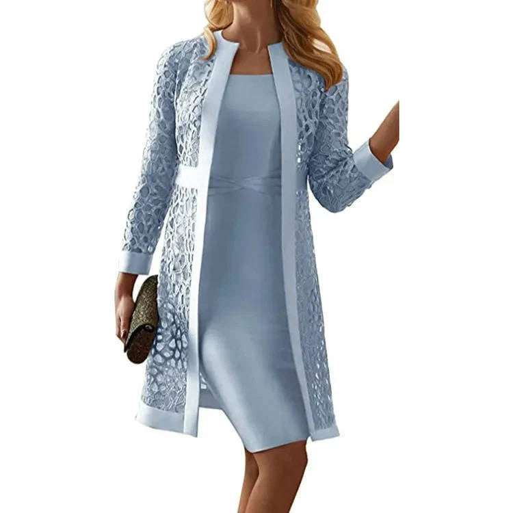 Dress Set Knee-Length Sheath Floral Lace Jacket Open Front