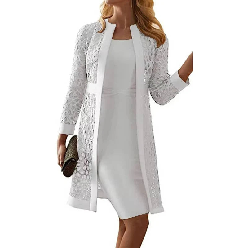 Dress Set Knee-Length Sheath Floral Lace Jacket Open Front